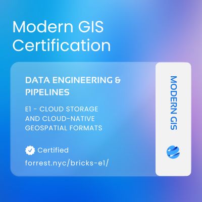 Certification badge for a Modern GIS course focused on Cloud-Native Geospatial data and formats