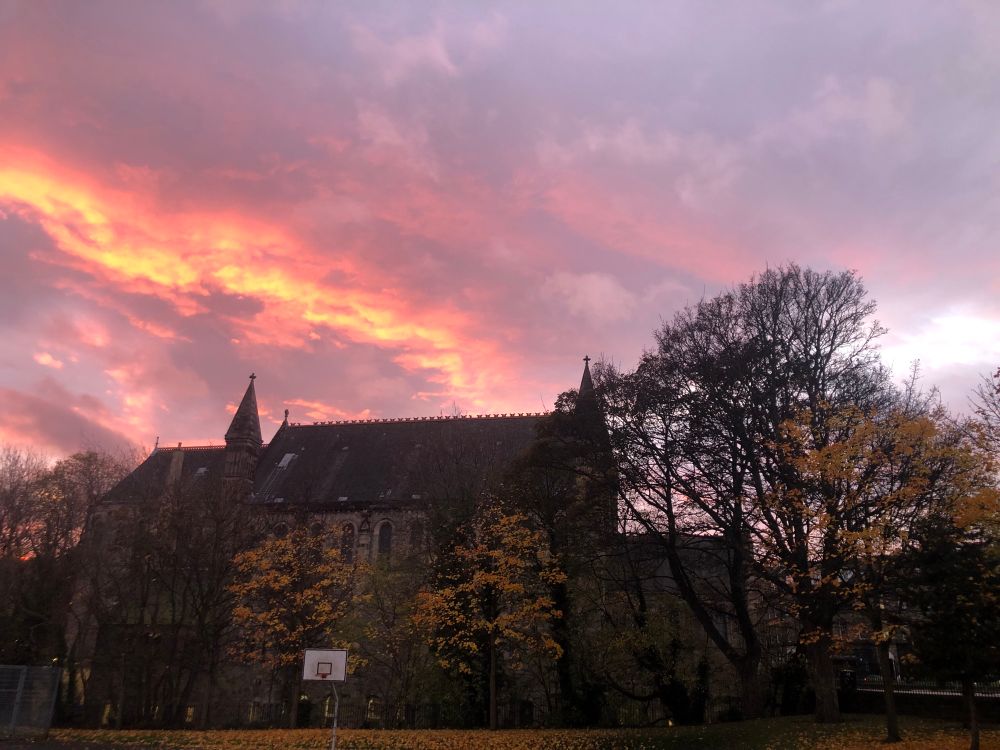 Church, trees, and basketball hoop with sunrise