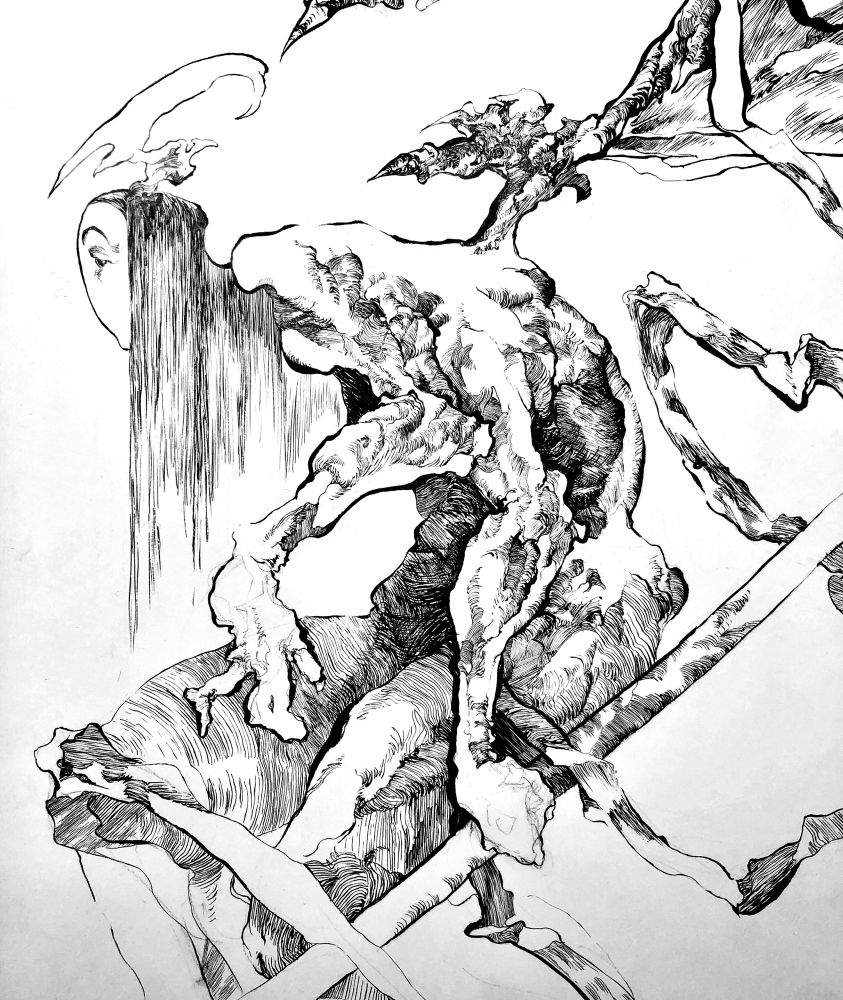 Traditional art piece. Black & white. Brush pen done on Bristol paper. A lot of hatching technique is employed to emphasize the 3D form of the subject’s limbs.

A winged angelic figure with a mane of hair, horns & four arms stands in profile clutching a scepter enveloped by a floating, intertwining scroll. The figure has eyes, but their face is smoothed over & they have no nose or mouth. 