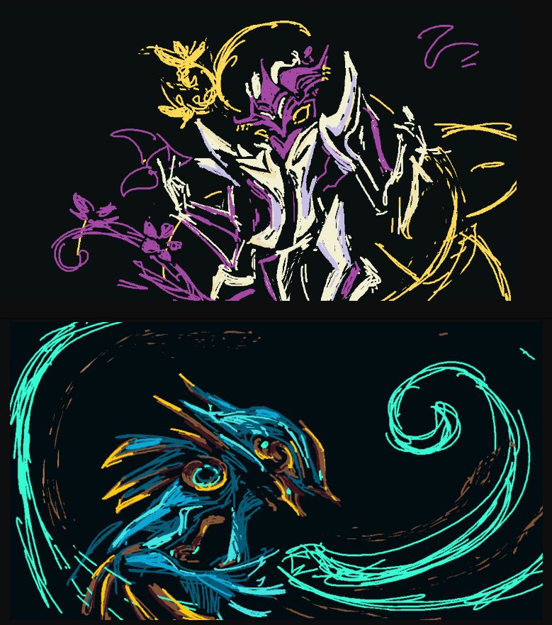 warframe fanart
two crude sketches of warframes - a purple-white-yellow temple and a blue-cyan-gold zephyr.  in front of solid dark backgrounds, with minimal environmental scribbles