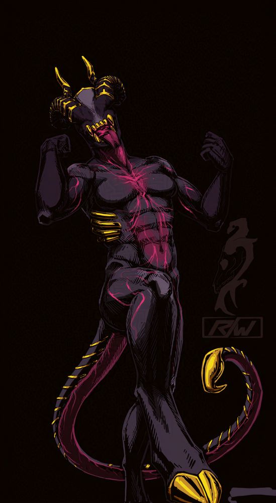 monster art
worm's eye view of a tall and buff humanoid demon lady.  she is flexing her arms while playfully extending out her tongue and cracking a mischievous smile across an eyeless, horned face.  from between her teeth, fiery inner light shines out from the depth of her throat; her heart and main blood vessels shine through her skin and muscles with the same powerful pink glow.