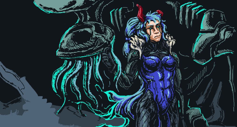 warframe fanart
crunchy [affectionate] mspaint drawing of a tenno and and eidolon in the night time plains.  the tenno is standing facing the camera while the eidolon looms behind her, lowering its head to be level with her.  the tenno is raising one hand, gently stroking the eidolon's head (without looking back) while one of its ethereal tentacles casually wrap around her arm.  the tenno's long nright blue hair is flowing behind her, imbued with sentient energy.