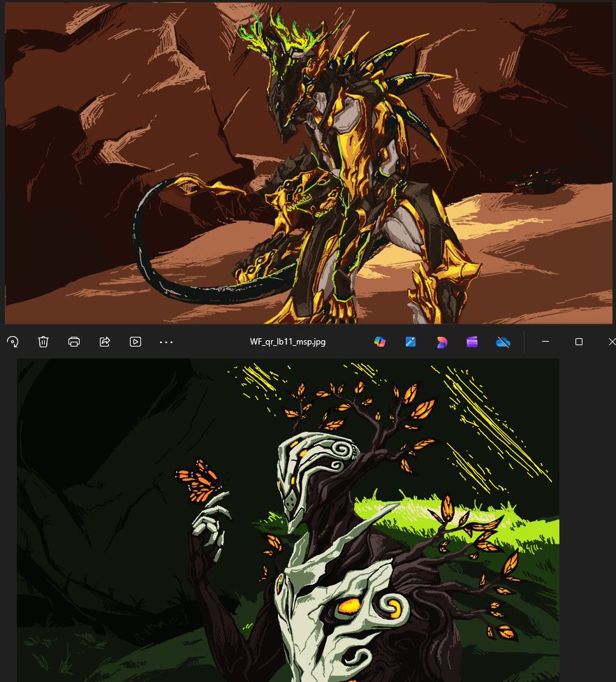 warframe fanart
two refined --but still signature MSP-chunky-- drawings of warframes,: a black-brown-gold voruna in front of a martian gorge, and a standard coloured oberon feyarch in front of a forest cave.  each picture features full background environment and proper shading