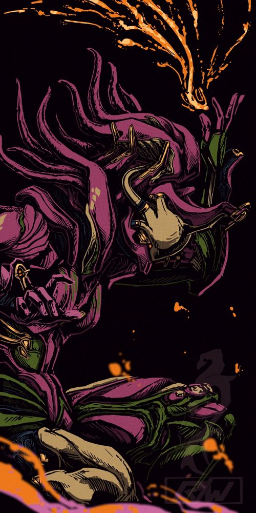 warframe fanart
chiaroscuro drawing; black background midtone figure; 1:2 canvas
drawing of Saryn prime from the side, mid-jump (downward arc).  She has one hand above her head, channeling some spores with bright orange energy