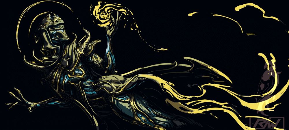 warframe fanart
chiaroscuro panting of a black-blue-gold wisp prime fashion drifting across the canvas, illuminated by a fluff of bright yellow energy in her hand