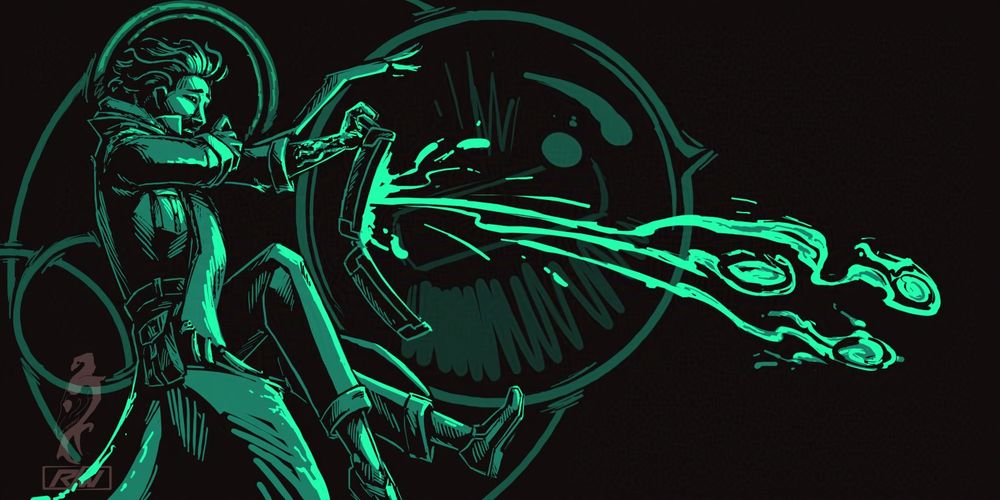 deadlock fanart of Pocket
chiaroscuro drawing, dark background, light lines.  monochrome emerald green
Pocket dashing backwards in the air shown from the side.  their left arm is extended forward holding the Enchanter's Satchel as it fires a barrage of souls, which are the light source for some dramatic lighting.  Pocket is shielding their face with their right arm, their expression looks worried and disturbed.
in the background are decorative interlocking circles, evoking mystic sigils.  the circle towards the middle of the canvas is a giant frog-eye.

((Black Sheep is not shown cus I stat this lad for magic only because I can't aim lol))