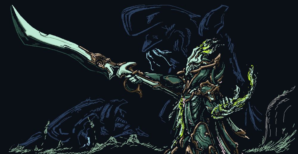warframe fanart
landscape painting of a green revenant fashion with pale gold accents raising paracesis (held in one hand) up as if leading a charge.  behind him in the distance are two eidolons: one already walking, the other still rising up from the ground.
presented in signature mspaint chunky lines - just the way i like it