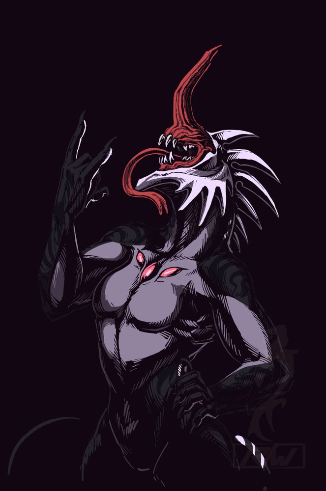 chiaroscuro drawing; portrait canvas; black background, midtone figure

humanoid, grey-black, buff monster lady standing with one hand on her hip the other making a gesture similar to "rock" (middle and index curled, the rest extended).  her head has no eyes, just a maw and a horn - in exchange, she has 3 red eyes on her chest ( 1 on the sternum, 1-1 under each collarbone).  she's playfully extending her long, snaking tongue.