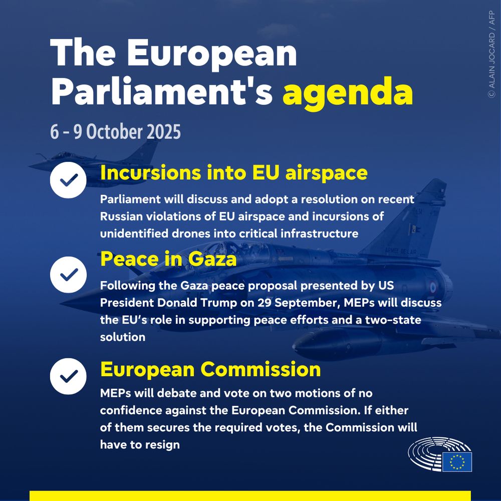 A visual announcing the main topics of the European Parliament's agenda for 6 - 9 October 2025: incursions into EU airspace, peace in Gaza and motions of no confidence against European Commission.