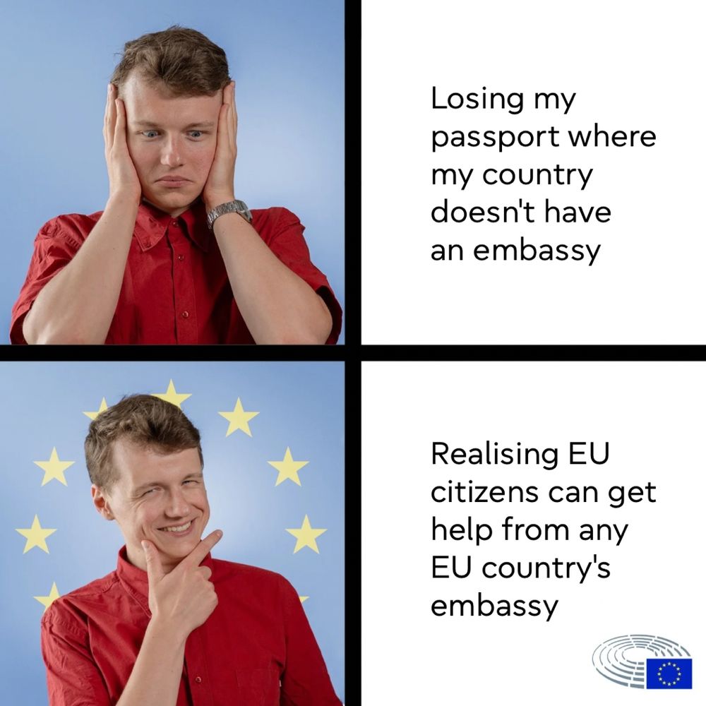 A meme with two pictures of a boy in a red shirt. In the upper picture, he looks scared and has the following text next to him: Losing my passport where my country doesn't have an embassy. In the bottom picture, he looks happy and confident, has EU stars behind him and the text says: Realising EU citizens can get help from any EU country’s embassy. 
