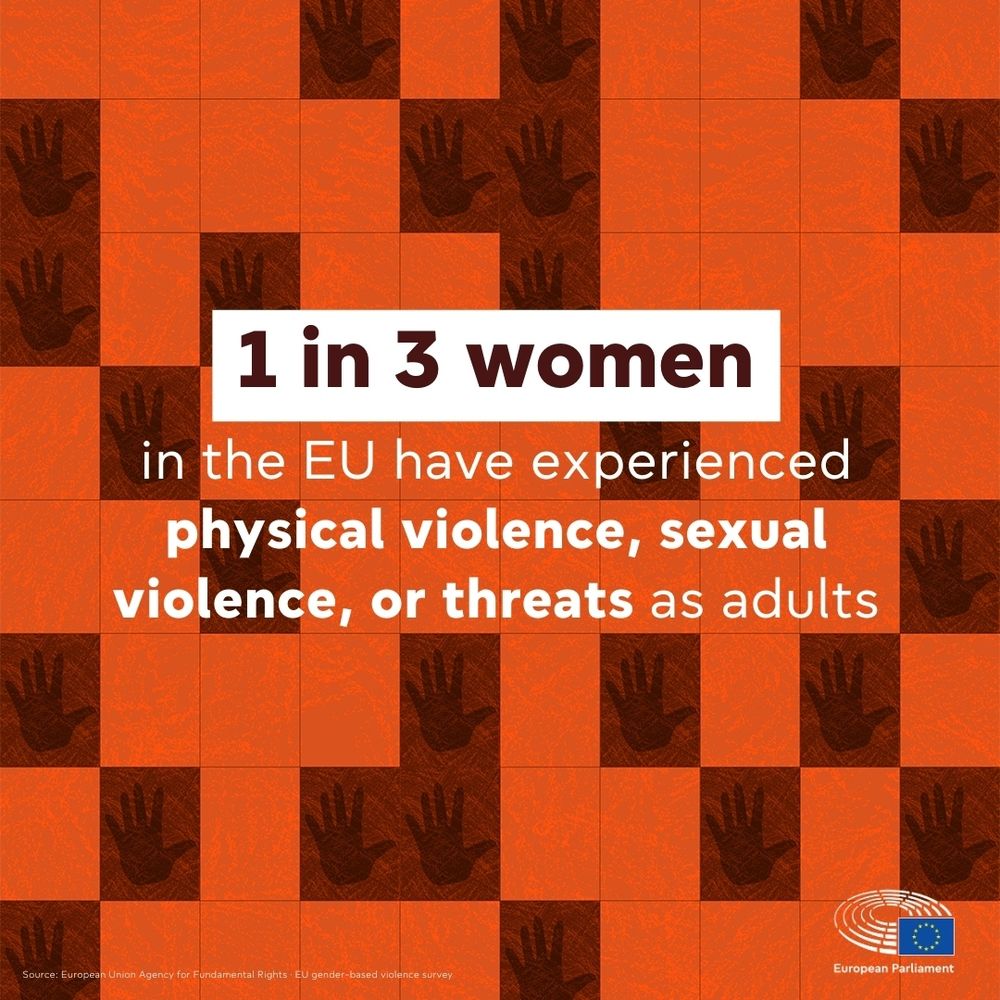 Visual with the text: "1 in 3 women in the EU have experienced physical violence, sexual violence, or threats as adult". 