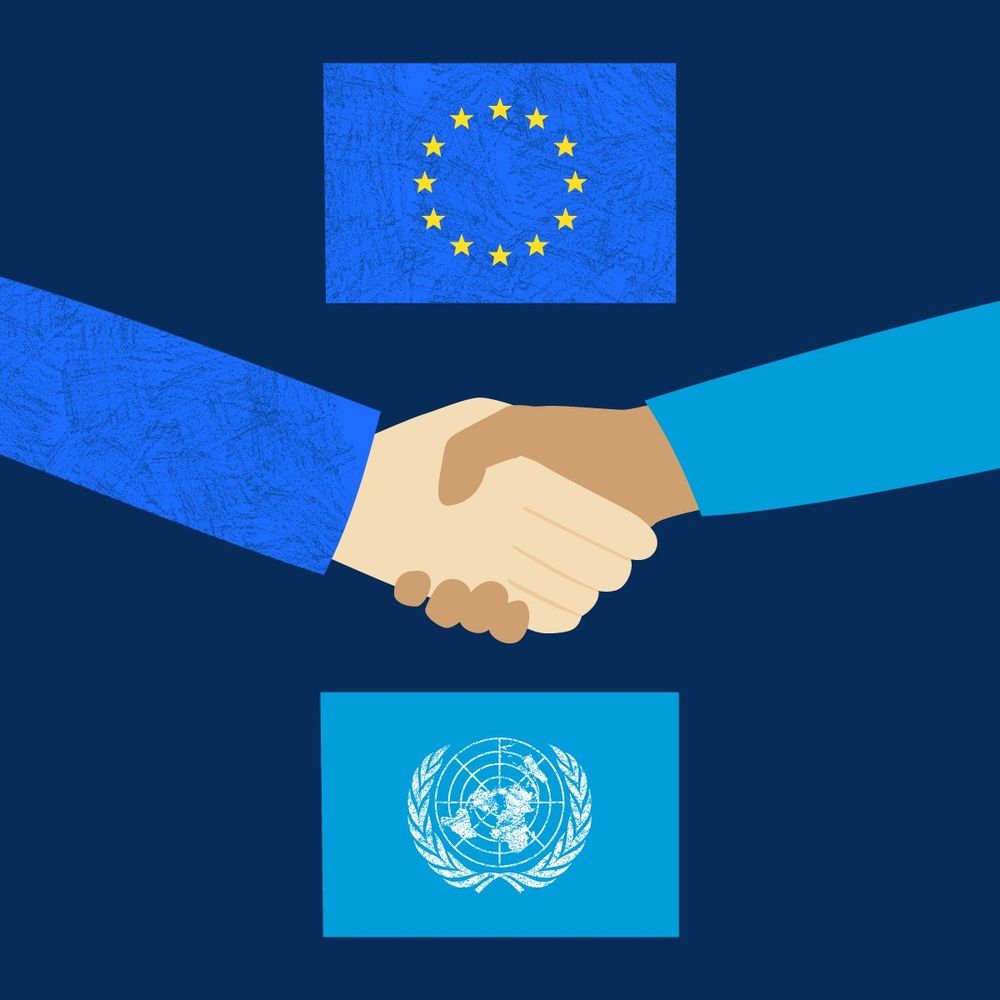 A visual showing a handshake between an EU and UN flag.