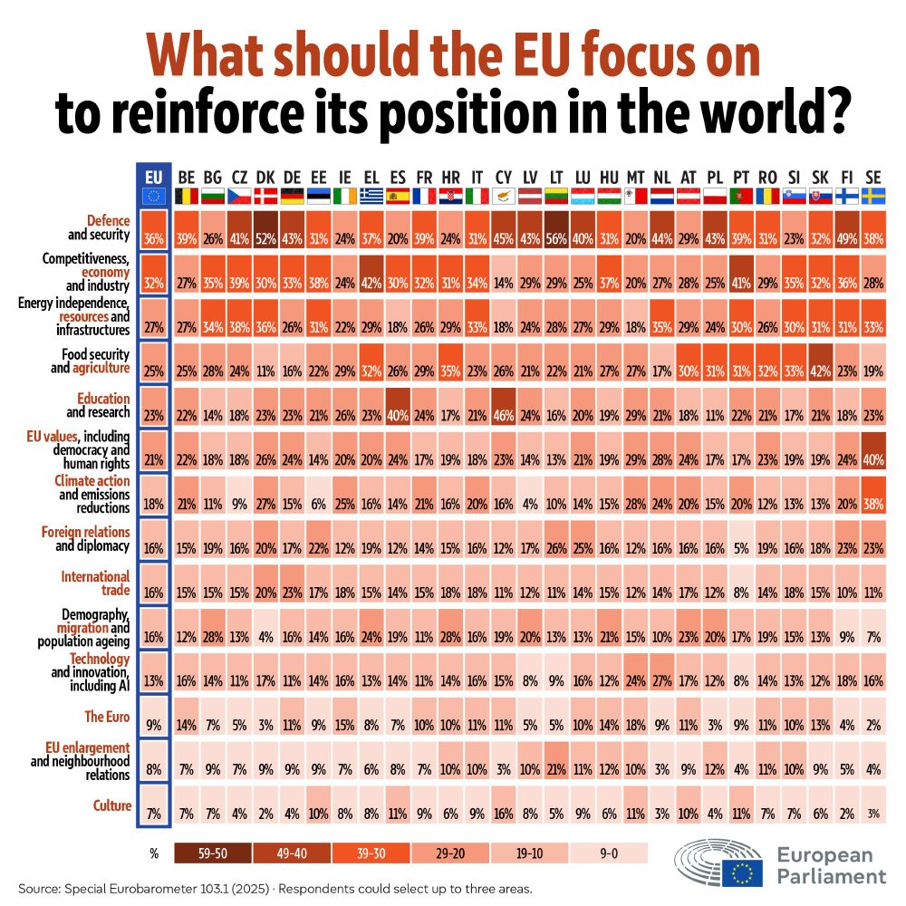 An infographic on the topic of "What should the EU focus on to reinforce its position in the world?"