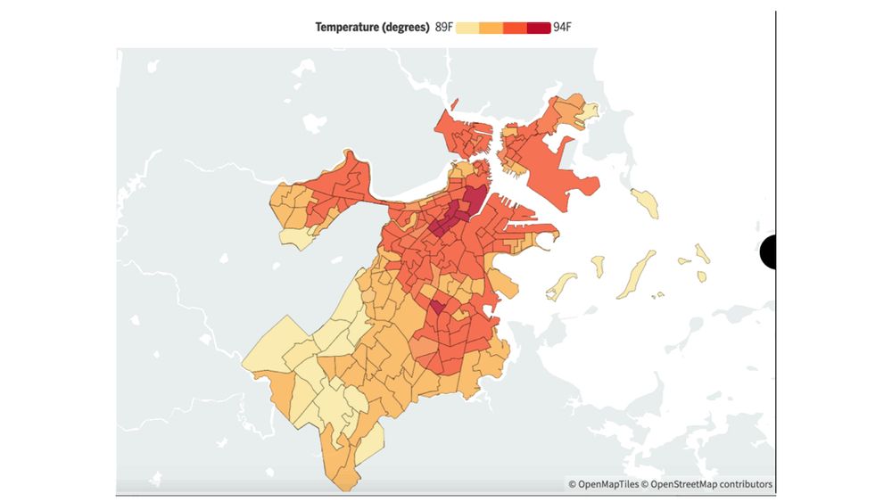 Boston summer heat vs Boston 1930s redlining map. Hotter areas often align with redlined areas.