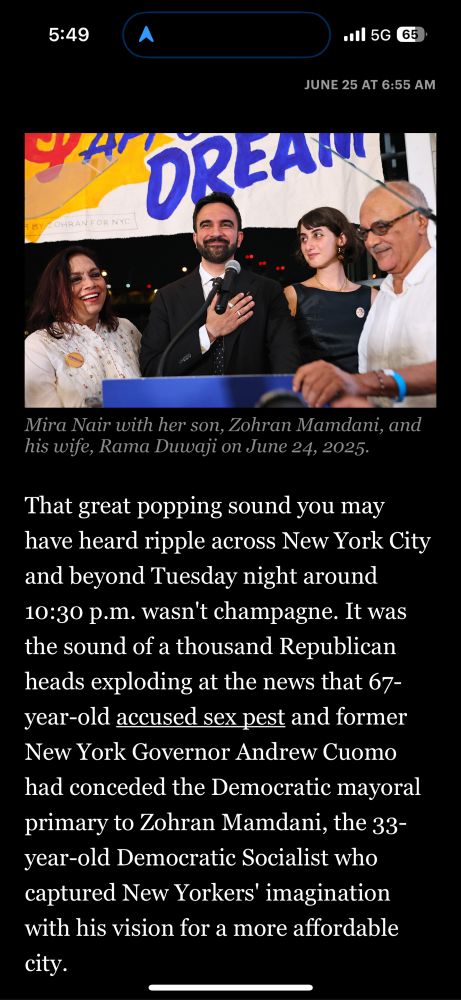 Rolling Stone article screenshot: “That great popping sound you may have heard ripple across New York City and beyond Tuesday night around 10:30 p.m. wasn't champagne. It was the sound of a thousand Republican heads exploding at the news that 67-year-old accused sex pest and former New York Governor Andrew Cuomo had conceded the Democratic mayoral primary to Zohran Mamdani, the 33-year-old Democratic Socialist who captured New Yorkers' imagination”