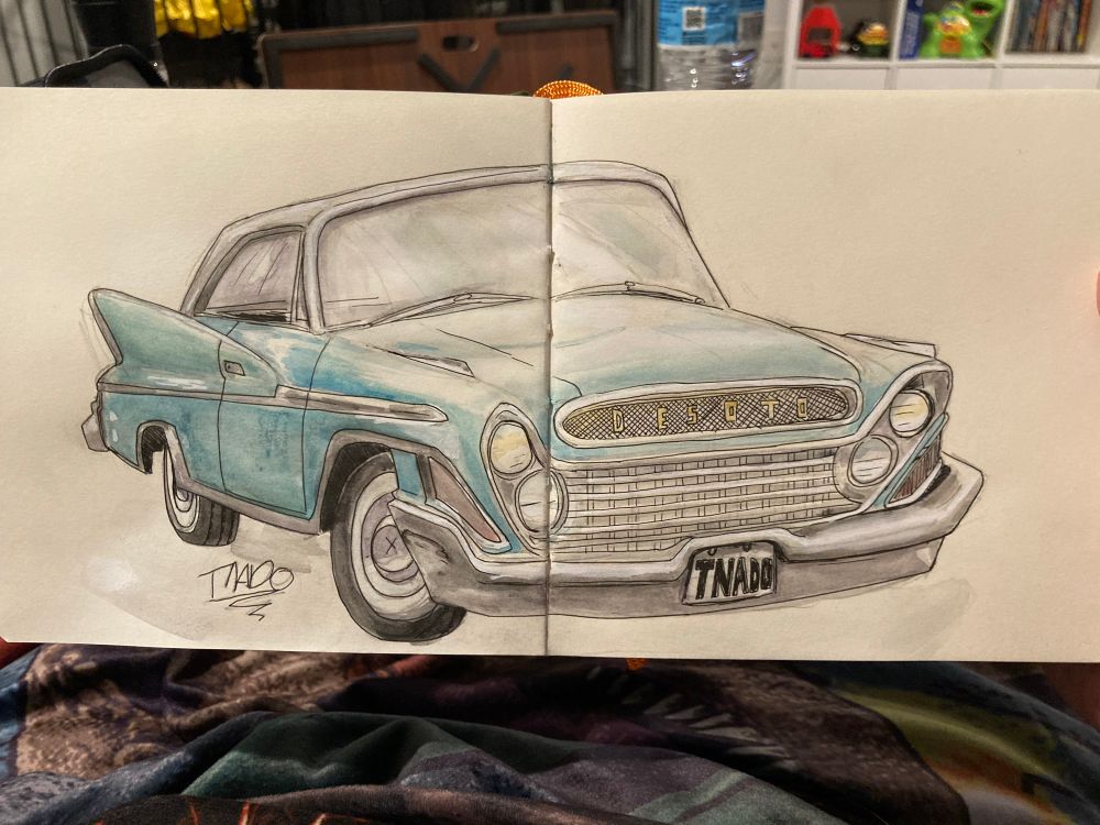 A watercolor drawing of a 1961 Desoto. Painted with colors Blue, green and hits of purple and yellow. License plate says TNADO 