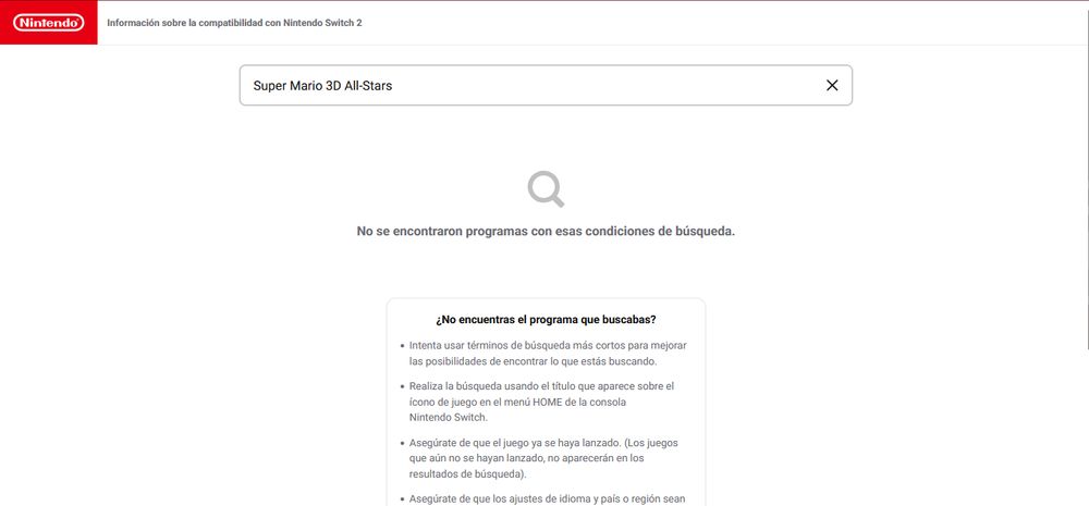 Al intentar buscar títulos que han sido retirados, como Super Mario 3D All-Stars, presenta una página en blanco con el texto "No se encontraron programas con esas condiciones", junto a una lista de recomendaciones y detalles de búsqueda.