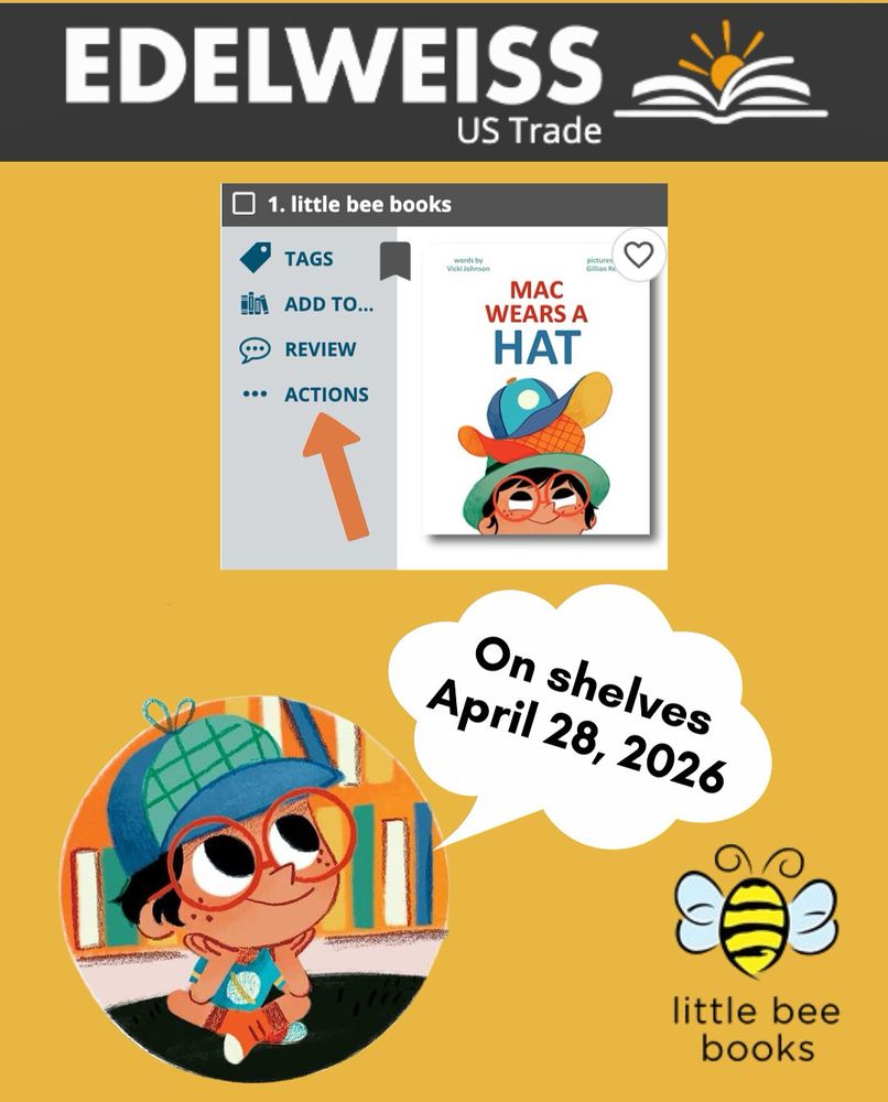 Flyer w cover of MAC WEARS A HAT and image of MAC sitting on library floor w thought bubble saying “On shelves April 28, 2026”