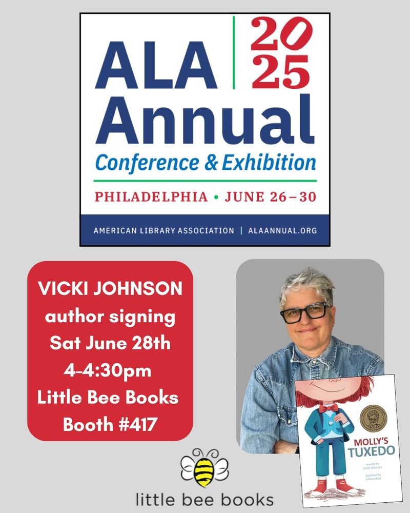 Poster w logo for Ala 2025 conference, my photo and book cover. Logo for little bee books and info for signing also in caotuon