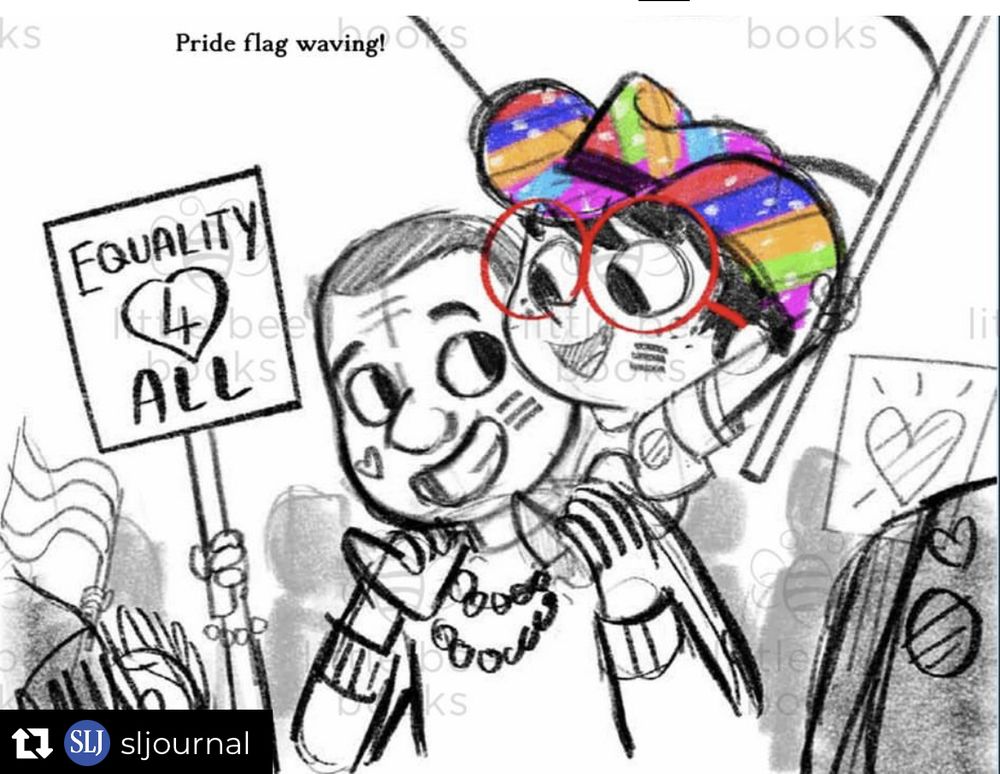 Black and white sketch of adult holding a child on shoulders at a Pride event. Child is wearing a rainbow cowboy hat. Sign in background held aloft says “Equality for all. Both figures are smiling.