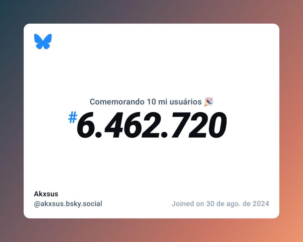 Um certificado virtual com o texto "Comemorando 10 milhões de usuários no Bluesky, #6.462.720, Akxsus ‪@akxsus.bsky.social‬, ingressou em 30 de ago. de 2024"