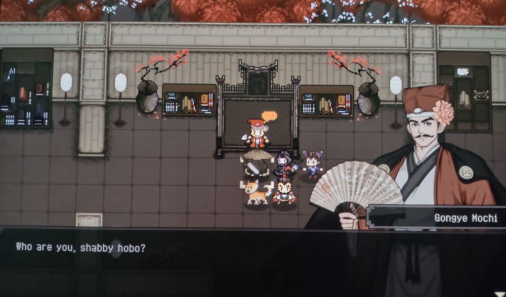 A screenshot from the videogame World of Kungfu. The character Gongye Mochi is saying "Who are you, shabby hobo?" to the player character.