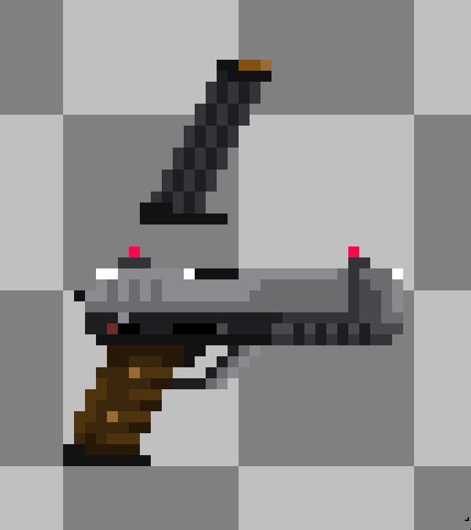 a pistol reminiscent of an H&K USP Match, just with a wooden grip. it has a metal slide and front weight, and a polymer frame