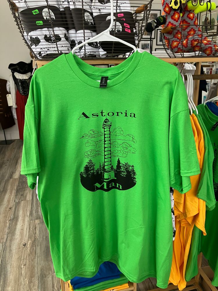 Green t-shirt with Astoria Man logo (drawing of the Astoria Column with Astoria at the top, Man at the bottom) 