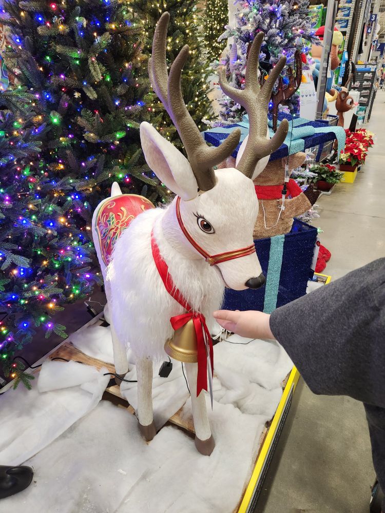 hand presented outstretched palm up to animatronic deer inside store 