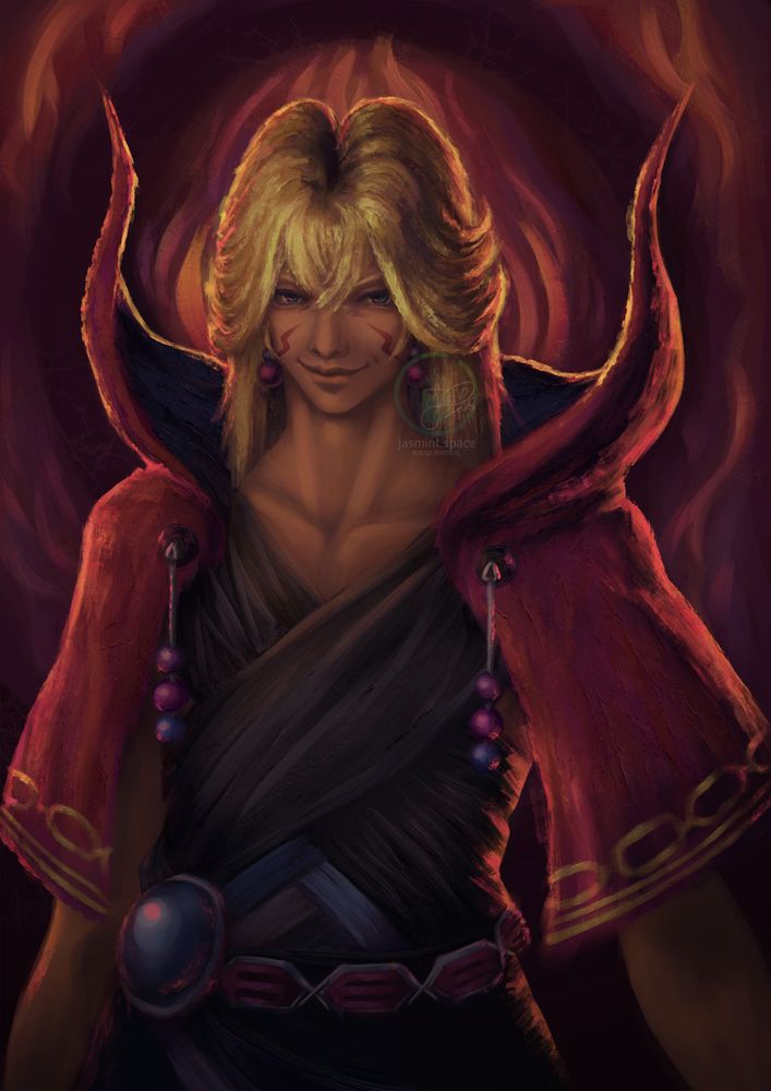 His Excellency Kam'lanaut, the archduke of Jeuno from Final Fantasy XI. He stands in the throne room in front of what appears to be flames, and smirks at you as if he knows you're there... 
Fan art by Jasmint painted in Krita.