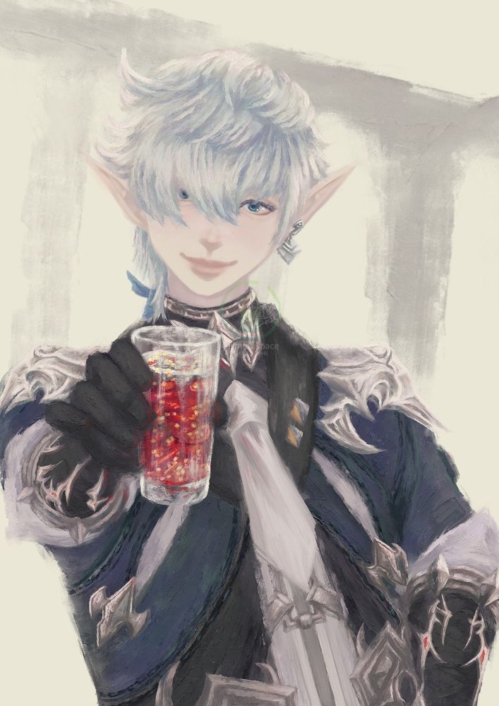 Alphinaud from Final Fantasy 14 hands you a glass of water full of sliced chillis and chilli seeds with a smile on his face and the other hand on his hip. He looks at you intently, wanting you to accept the glass. 
Fan art by Jasmint painted in Krita.