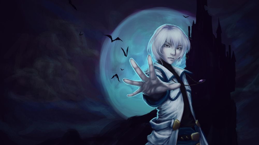 Soma Cruz from Castlevania: Dawn of Sorrow painted in a more realistic style that reflects the rest of the series. He reaches out his hand to you while staring, possibly commanding the bats in the background. There is a massive blue moon in the background in a cloudy sky, and a castle silhouette blocks part of it. 
Fan art painted by Jasmint in Krita.