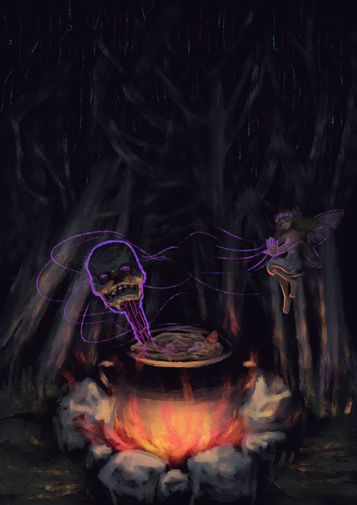 Painting of Canuckuma's original fairy character Nym.
In a dark forest full of dead trees in the middle of the night, Nym reaches out her hand towards a cauldron boiling away with a pot of mystery soup inside. She casts some kind of purple magic on a skull on a stick crying bloody tears, attempting to use it as a stirring stick. The stick itself has a purple glowing pattern reminiscent of a circuit board.
The cauldron sits on a cozy campfire in the middle of a forest, surrounded by stones and grass. In the background are barely visible twinkling lights of a cyberpunk city.
Digital art by Jasmint painted in Krita.