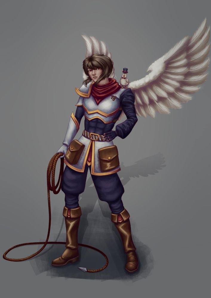 Kai the Aasimaar and Max the seagull stand on a grey backdrop, looking down on you. Kai has his left hand on his hip, and his right hand holds his whip, which has a sharp metal tip at the end.
Original characters by Jasmint.