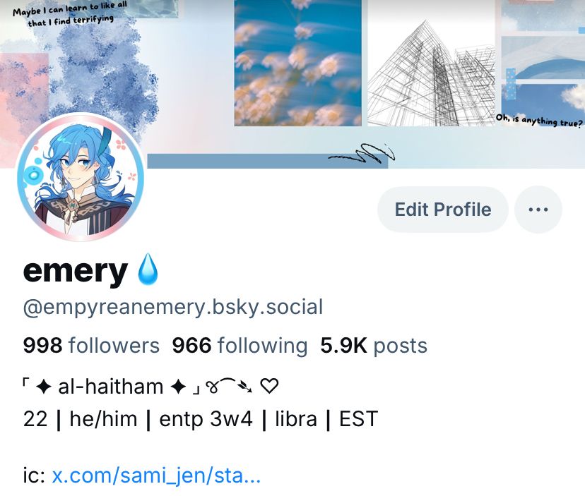Emery’s new layout, which features art from sami_jen on X, you should totally check out and support the artist!! Hydro eidolon Kaveh! And the header image was made myself hence why it’s so silly looking.