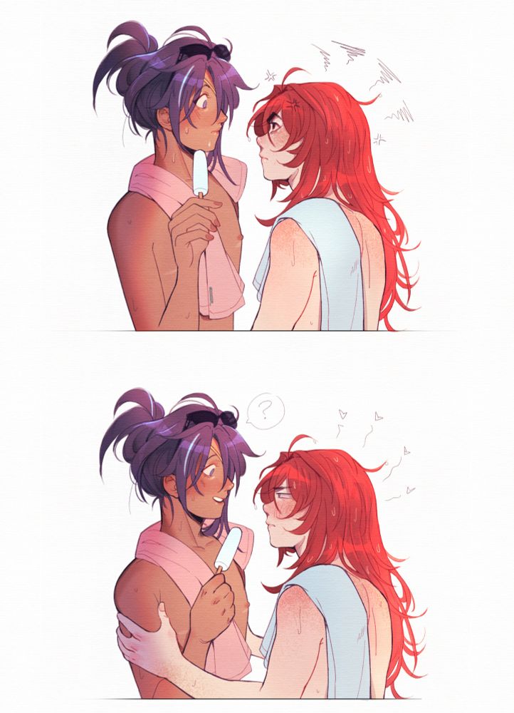Kaeya and Diluc from Genshin Impact in a sunny day. Kaeya has a popsicle, and Diluc approaches him, annoyed at something. Kaeya misunderstands and offers his popsicle to Diluc naively. Diluc's annoyance turns into gay panic