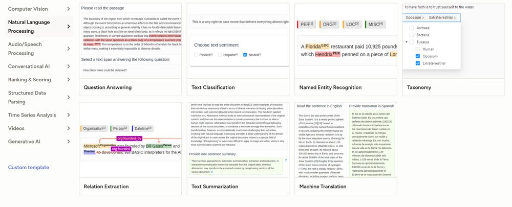 Screenshot of the different annotation templates in label studio. On the left are the categories: Computer Vision, Natural Language Processing, Audio/Speech Processing, Conversational AI, Ranking & Scoring, Structured Data Parsing, Time Series Analysis, Videos and Generate AI.

Natural Language Processing is selected and the following templates are shown: Question Answering, Text Classification, Named Entity Recognition, Taxonomy, Relation Extraction, Text Summarization, Machine Translation.