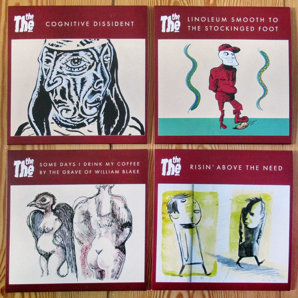 four 7-inch singles by Matt Johnson / The The: Cognitive Dissident / When Is The Heart Of Waiting // Linoleum Smooth To The Stockinged Foot / Mycelium Muse // Some Days I Drink My Coffee By The Grave Of William Blake / Frozen Clouds // Risin' Above The Need / Where Do We Go When We Die?