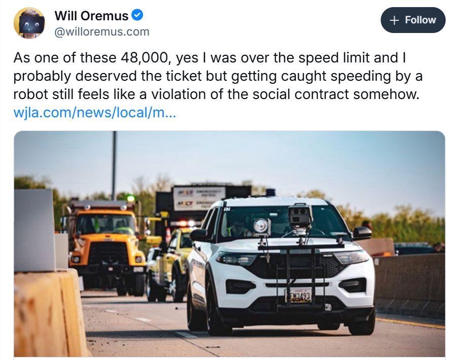 Guy admitting he got caught speeding but being annoyed about it. 