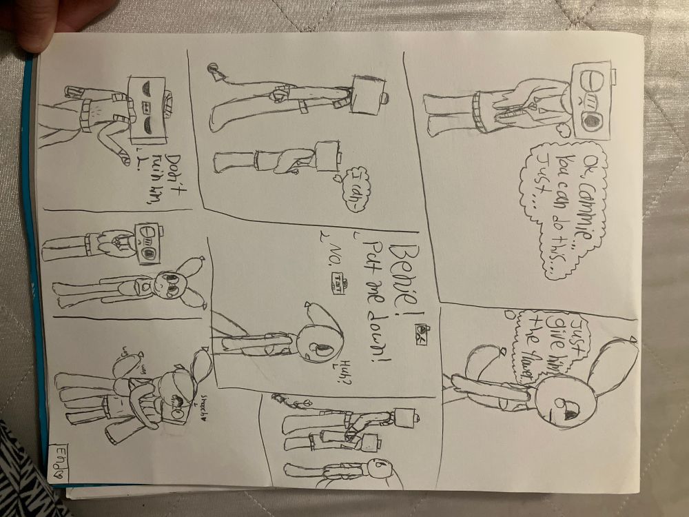 This is a mini comic of an OC x Canon ship which shows three characters. A camera, a balloon, and a boombox. The camera is attempting to gather the courage to confess to the balloon when the boombox just picks him up and leaves him there. The comic ends in the balloon and the camera sharing a kiss.