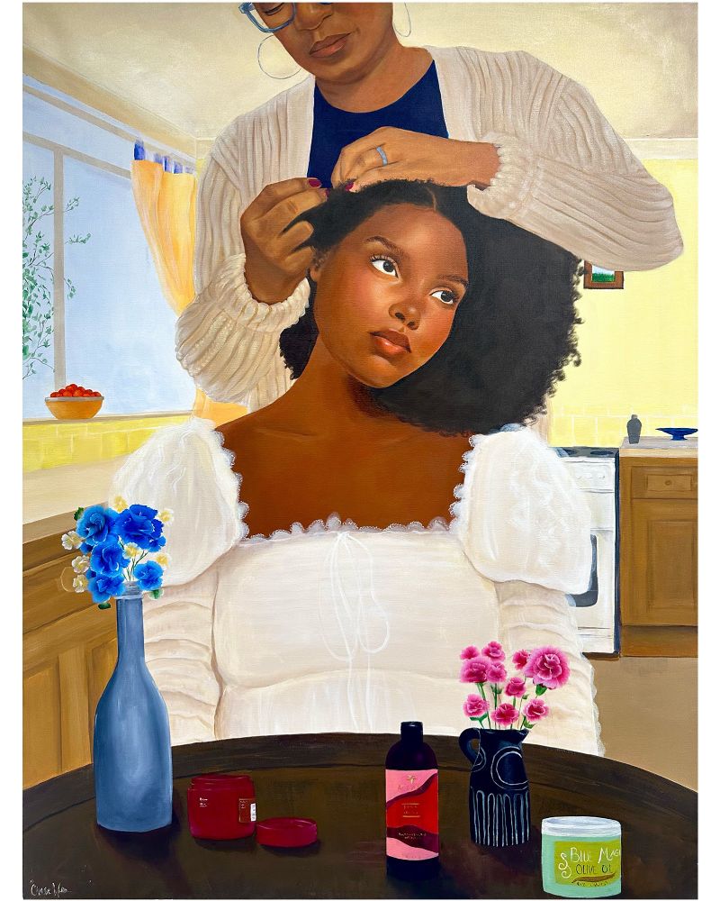 Painting titled “Love is in the Hair,” featuring a Black mother tending her daughter’s hair at the kitchen table. Artwork by Chase Williamson, a painter and MFA candidate at the University of Tennessee, Knoxville. 