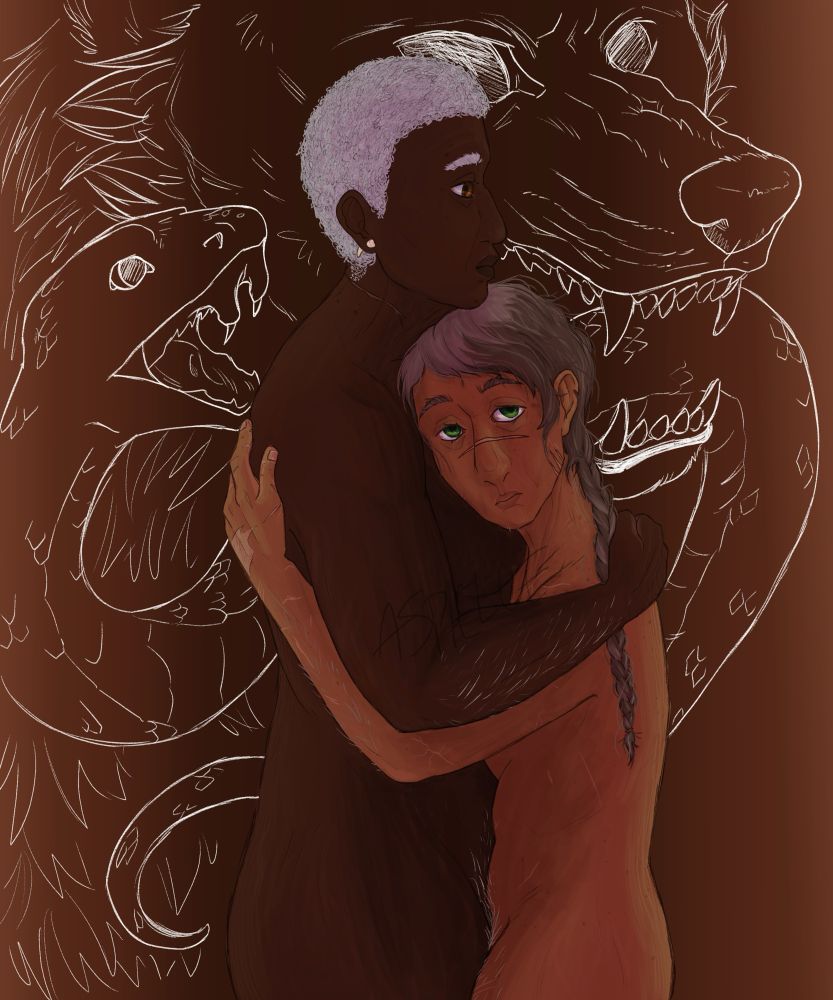 rowan (left) and lark (right), two of desmond’s original characters, embrace. they are nude but nothing revealing is showing. lark is looking solemnly in the direction of the “camera,” whether directly at the viewer or just into the distance is up for interpretation. rowan has her chin rested on top of lark’s head and is looking to the right of the screen, same saddened look. a snake and wolf (two predators, but not of each other) are in white in the background, the snake poised to strike and the wolf holding the snake in its bottom jaw, both ready to end the other’s life. representative of the women’s relationship.