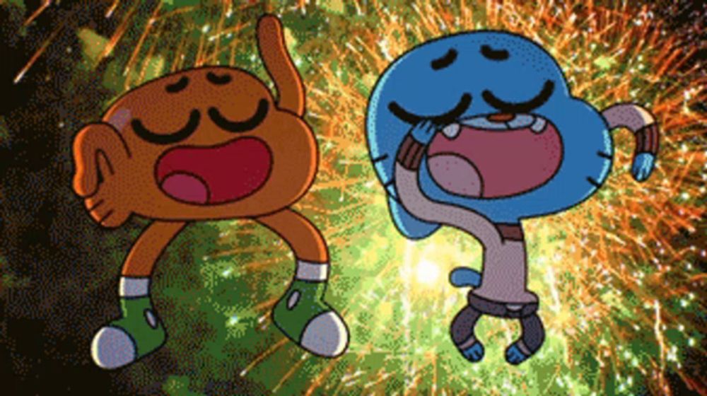 two cartoon characters are standing in front of a fireworks display