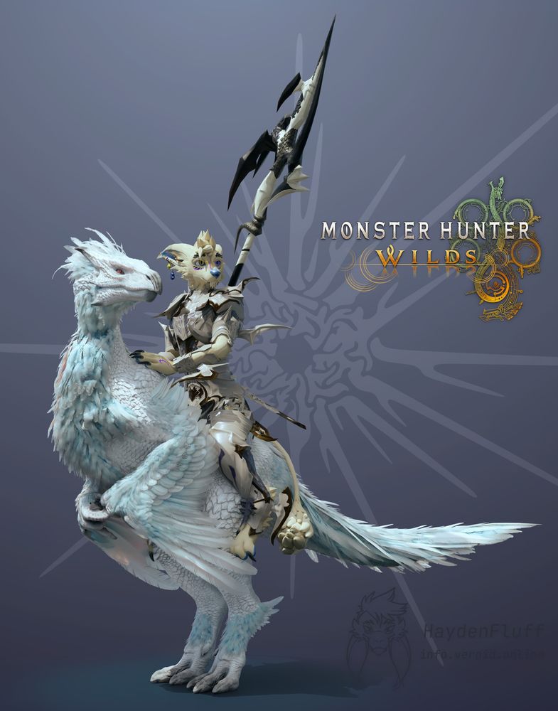 A tan Vernid in white armor with a lance on their back riding a Seikret that is mostly white with some light blue highlights in their feathers. Both of them are looking out to something off-screen to the right. The Monster Hunter Wilds logo is on the right side of the screen, and there's a pattern in the background called The Eye of the Universe with a soft gradient behind it.