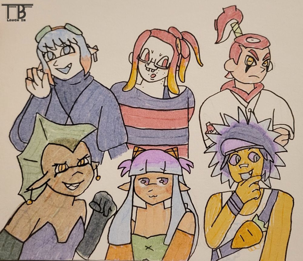 A group picture of 6 characters drawn in my sketchbook with pen and highlighter. Mizuni is an inkling sitting in the top left. She is grinning with a raised eyebrow with one hand raised. She is wearing a black sweater, earrings, and goggles. Brutus is an octoling in the top middle, with his head to the side and arms behind his back. He is wearing a black and red striped sweater with glasses and multiple piercings. Juro is an octoling at the top right, looking at the viewer with his arms crossed. He is wearing a baseball jersey with a hoodie under it. Hook is an anthropomorphic fish character in the bottom left. She is looking at the camera with a devious smile and fist raised. Lavender is an inkling in the bottom middle. She is sitting politely with her hands in her lap. She is wearing a green dress with orange sleeves and orange cone barettes, her hair is a gradient from purple to blue. Iwai is an anthropomorphic sea urchin and is sitting in the bottom right. He's wearing a purple visor, white shirt with orange and blue polkadots, and a carrot shaped crossbody bag. He's looking over to the right and has a hand under his chin. 