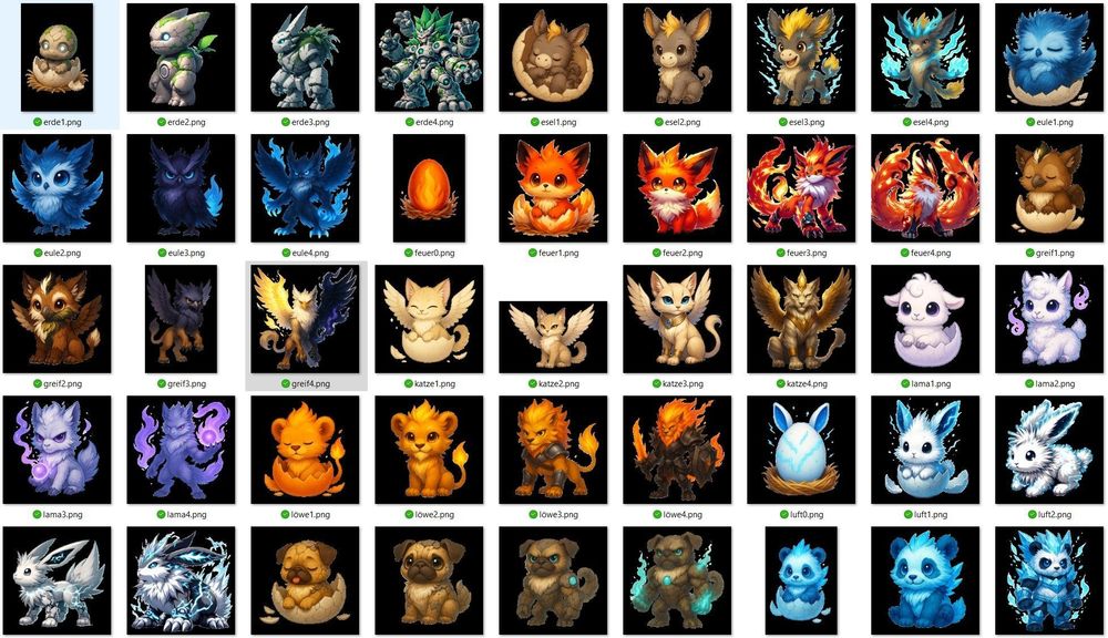 Viele verschiedenen Phantasiewesen in jeweils 4 Stufen dargestellt, vom Ei bis zum Adult mit steigenden Fähigkeiten und Kräften.