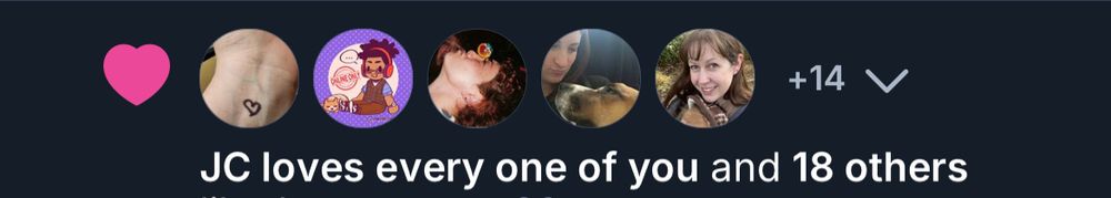 A bluesky notification that shows several avatars (of some of my favorite people) it says:

“JC loves every one of you and 18 others”