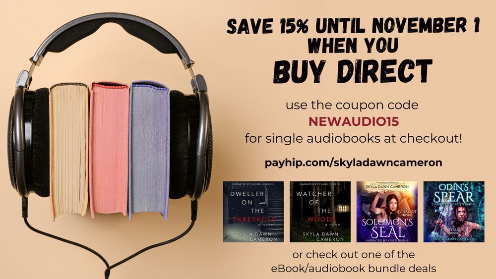 A promo graphic with three books between headphones. At the bottom are four audiobook covers in thumbnail. The text says 