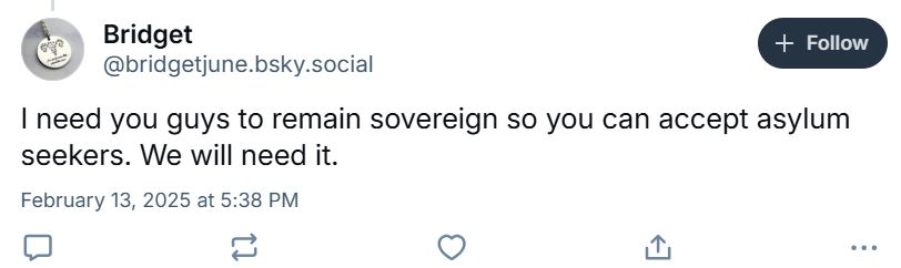 Oh look, another shitty American bsky take: bridgetjune says "I need you guys to remain sovereign so you can accept asylum seekers. We will need it."
