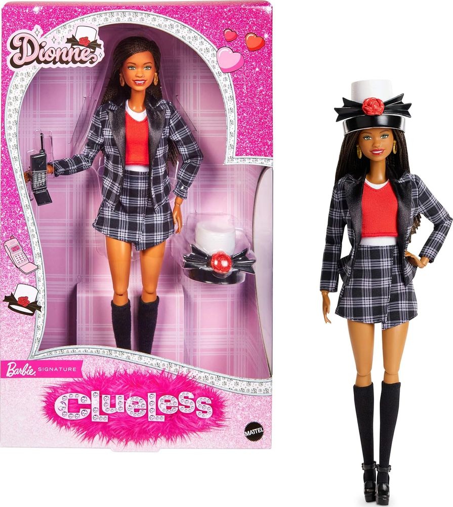 Dionne from Clueless as a Barbie. She has long black hair and the iconic black and white plaid jacket and skirt with a white shirt and red shirt over it. She has her giant white, black, and red boxy hat.